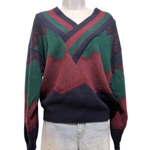 Nuovo Jeanswear Vintage 90s V-Neck Sweater Geometric Colorblock Burgundy Green